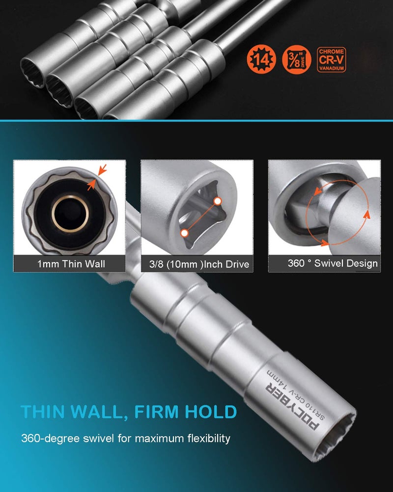 POCYBER 14mm قطب شرارة التوصيل المقبس 3/8 "" محرك تعزيز المغناطيسي 12 نقطة 9/16 "" رقيقة مقبس الحائط شرارة التوصيل أداة إزالة الصواميل Cr-v الصلب - Image 4